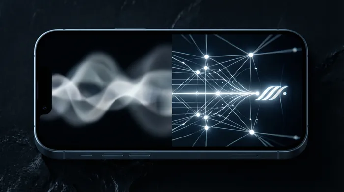 Một người đàn ông mặc vest đang thao tác trên một giao diện kỹ thuật số ba chiều gồm dữ liệu mạng và địa chỉ IP hiển thị phía trên một chiếc điện thoại thông minh.