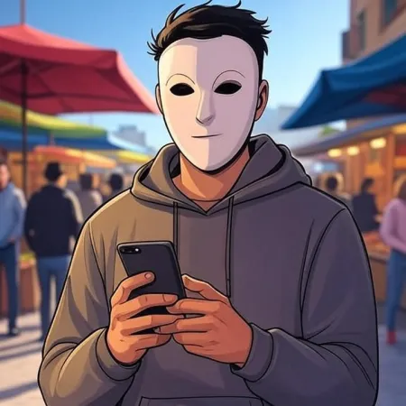 Một chàng trai phong cách hoạt hình mang mặt nạ trắng và áo hoodie xám, nhìn vào điện thoại của mình trong một khu chợ ngoài trời.