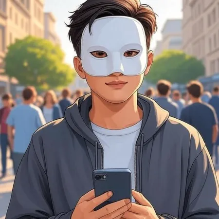 Một chàng trai phong cách hoạt hình đeo mặt nạ trắng và mặc áo khoác có mũ, nhìn về phía máy ảnh trong một con phố đông đúc.