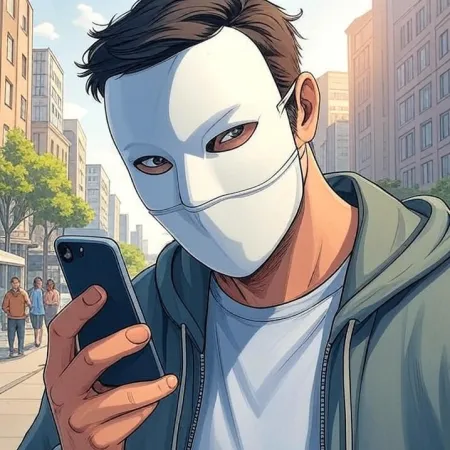 Một người đàn ông đeo mặt nạ trắng và áo hoodie đang nhìn vào điện thoại di động của mình trên một con phố trong thành phố. Hình ảnh được thực hiện theo phong cách hoạt hình hoặc truyện tranh.
