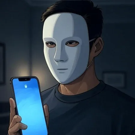 Một người mang mặt nạ trắng và cầm một chiếc smartphone với màn hình khóa đang bật.