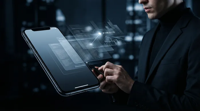 Hai chiếc điện thoại thông minh đặt cạnh nhau trên bàn, được nối với nhau bằng một mạng lưới kỹ thuật số phát sáng, tượng trưng cho việc truyền dữ liệu giữa các thiết bị.