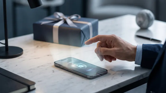 Một bàn tay đang cầm điện thoại thông minh hiển thị giao diện nhắn tin với các yếu tố đồ họa công nghệ được phủ lên, bao gồm ổ khóa, mạch điện và số điện thoại, minh họa cho bảo mật di động và truyền thông kỹ thuật số.