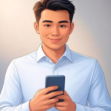 Hình ảnh một người đàn ông kinh doanh mỉm cười trong bộ vest xanh cầm một chiếc smartphone.