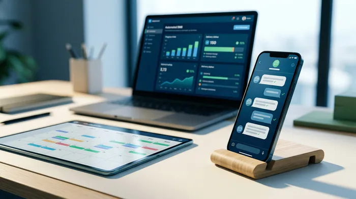 Một hình ảnh được chia thành hai phần hiển thị một chiếc điện thoại thông minh: bên trái là giao diện nhắn tin với tùy chọn lên lịch gửi, và bên phải là thông báo nhắc nhở trên bàn làm việc bằng gỗ.