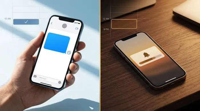 Một chiếc điện thoại thông minh hiển thị ứng dụng nhắn tin đặt trên quầy salon tóc bằng gỗ sáng màu, cùng với kéo chuyên nghiệp và các sản phẩm làm đẹp ở phía sau.