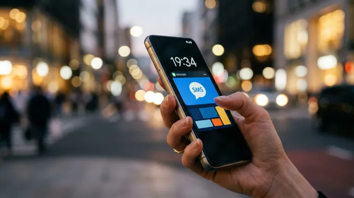 Một người đang cầm điện thoại thông minh hiển thị ứng dụng nhắn tin, ngồi tại bàn làm việc với máy tính xách tay, sổ ghi chú và một tách cà phê.