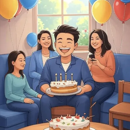 Người đàn ông mỉm cười cầm một chiếc bánh với năm ngọn nến, được bao quanh bởi những người thân trong một phòng khách được trang trí bằng bóng bay nhiều màu.