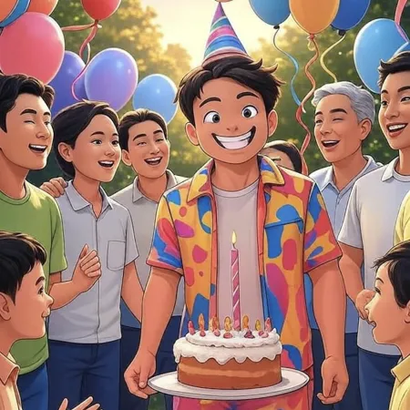 Cậu bé mỉm cười đội mũ tiệc cầm một chiếc bánh sinh nhật với nến duy nhất, xung quanh là khách mời và những quả bóng đầy màu sắc ở ngoài trời.