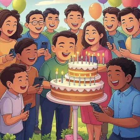 Nhóm người mỉm cười xung quanh một chiếc bánh lớn hai tầng với nhiều ngọn nến đang cháy, trong khi chụp ảnh bằng điện thoại.