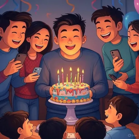 Minh họa một bữa tiệc sinh nhật nơi một người đàn ông mỉm cười cầm một chiếc bánh sinh nhật trang trí với nến thắp sáng, được bao quanh bởi bạn bè và người thân đang chụp ảnh bằng điện thoại.