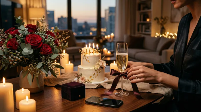 Một người phụ nữ đang mỉm cười ngồi trong một nhà bếp hiện đại nhìn vào điện thoại di động của mình, trong khi hai người đàn ông ở phía sau mang đến cho cô những chiếc bánh sinh nhật với nến đang cháy.