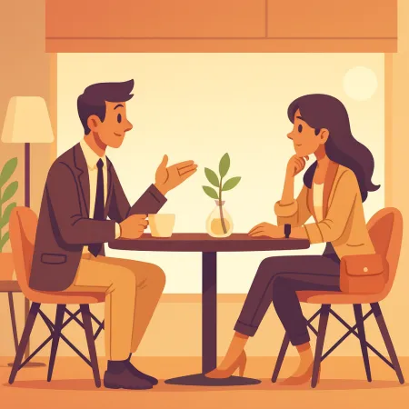 Hình minh họa hai người đang trò chuyện trực tiếp tại một quán cà phê, một người đàn ông trong bộ vest và một người phụ nữ trong trang phục lịch sự thoải mái, ngồi tại một bàn có một chậu cây nhỏ ở giữa